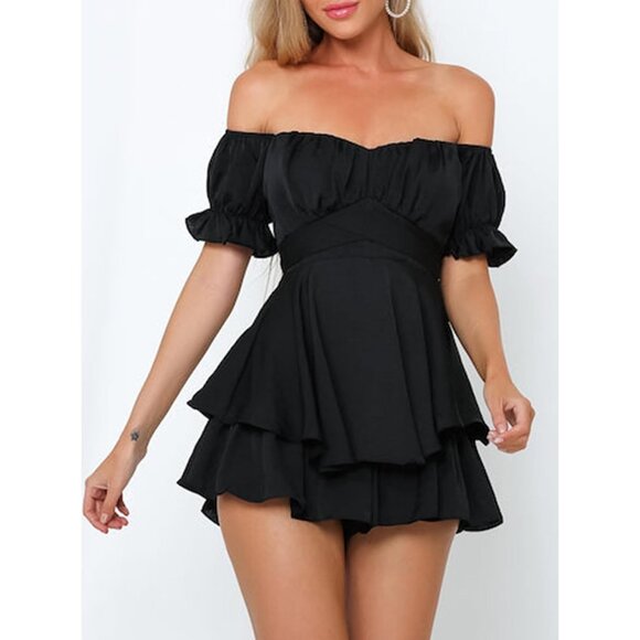 Fixmatti Women Black Boho RomperShoulder Ruffle Chiffon Jumpsuit Playsuits - Picture 5 of 7